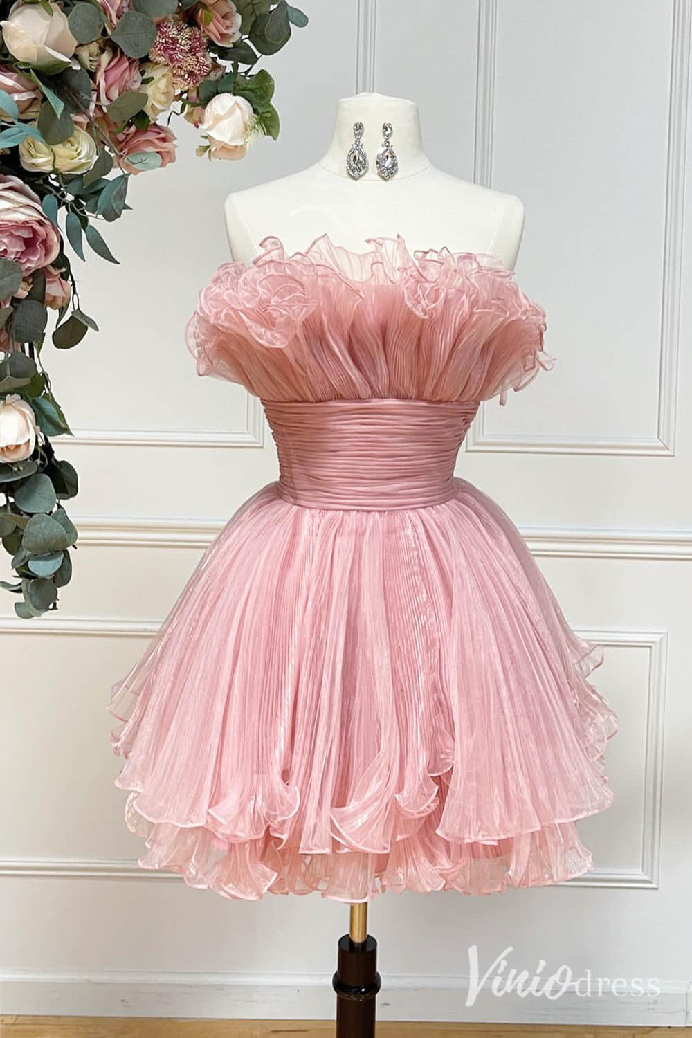 Blue Strapless Ruffled Hoco Dresses Pleated Organza A-Line Short Prom Dress SD1657-Homecoming Dresses 2025 -Viniodress-Dusty Rose-Custom Size-