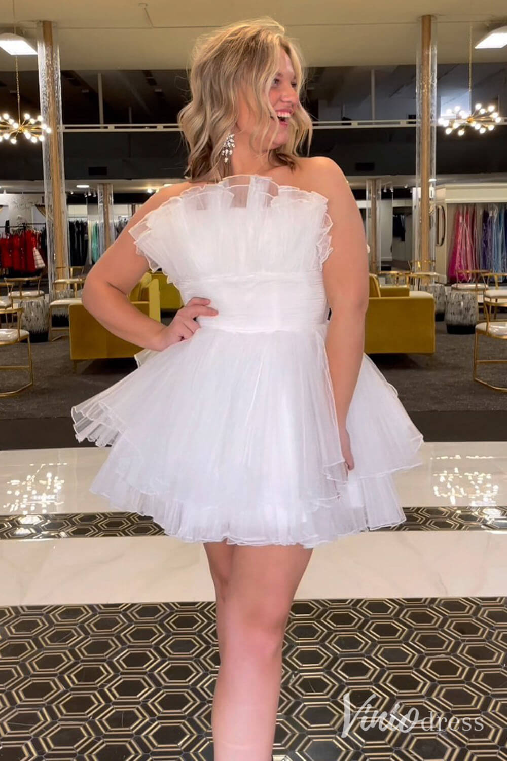 Blue Strapless Ruffled Hoco Dresses Pleated Organza A-Line Short Prom Dress SD1657-Homecoming Dresses 2025 -Viniodress-Ivory-Custom Size-