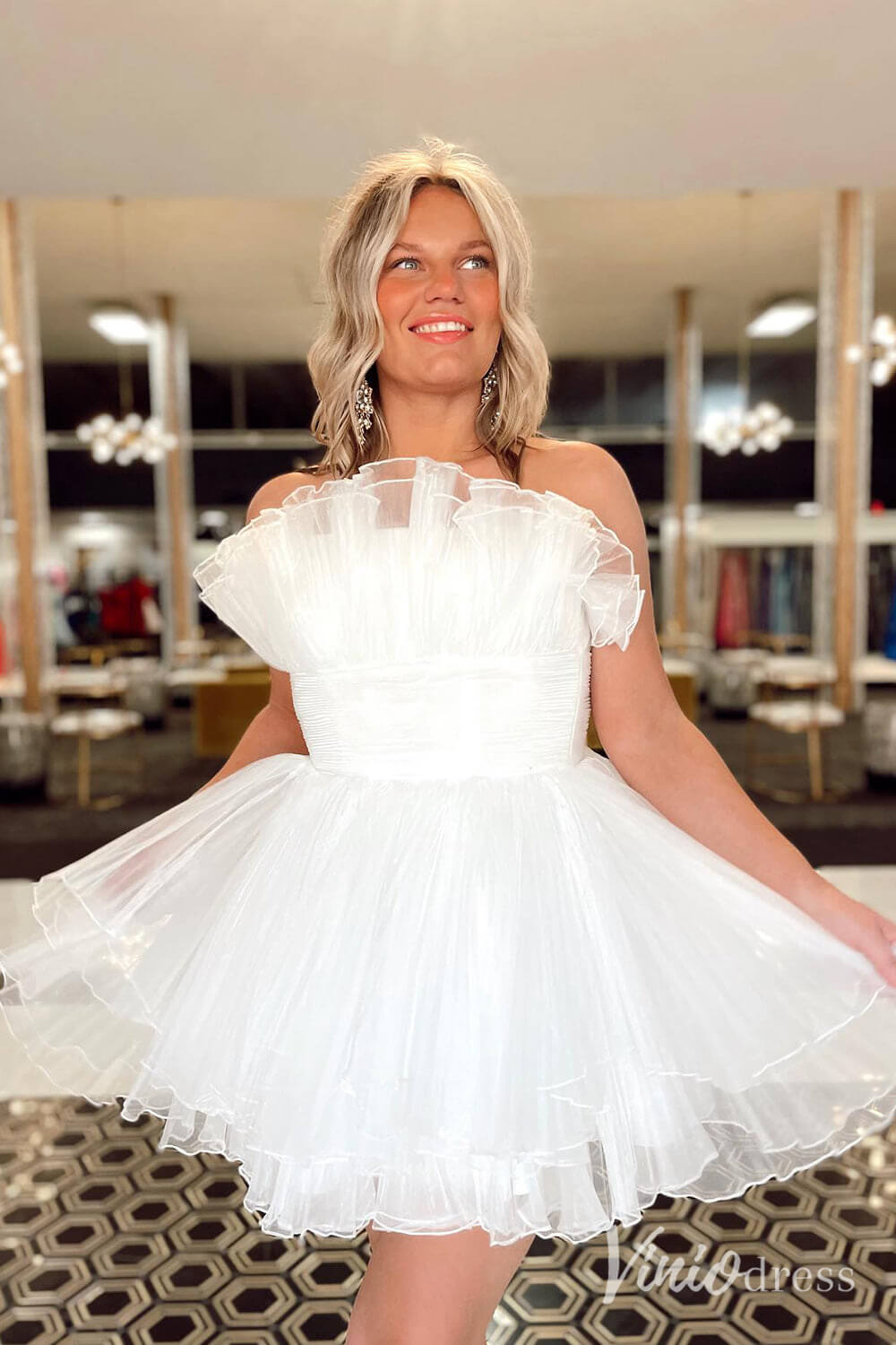 Blue Strapless Ruffled Hoco Dresses Pleated Organza A-Line Short Prom Dress SD1657-Homecoming Dresses 2025 -Viniodress-Light Blue-Custom Size-