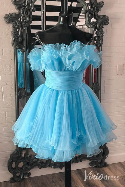 Blue Strapless Ruffled Hoco Dresses Pleated Organza A-Line Short Prom Dress SD1657-Homecoming Dresses 2025 -Viniodress-Light Blue-Custom Size-