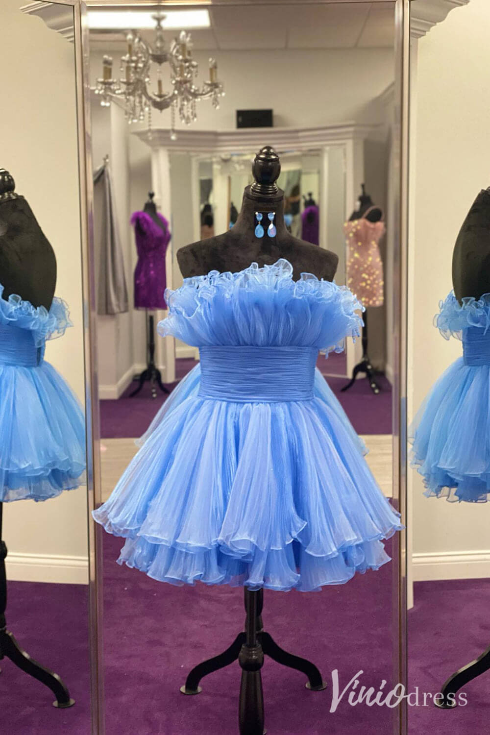 Blue Strapless Ruffled Hoco Dresses Pleated Organza A - Line Short Prom Dress SD1657 - ViniodressHomecoming DressesDusty RoseCustom Size - Formal Dresses - Ball Gowns