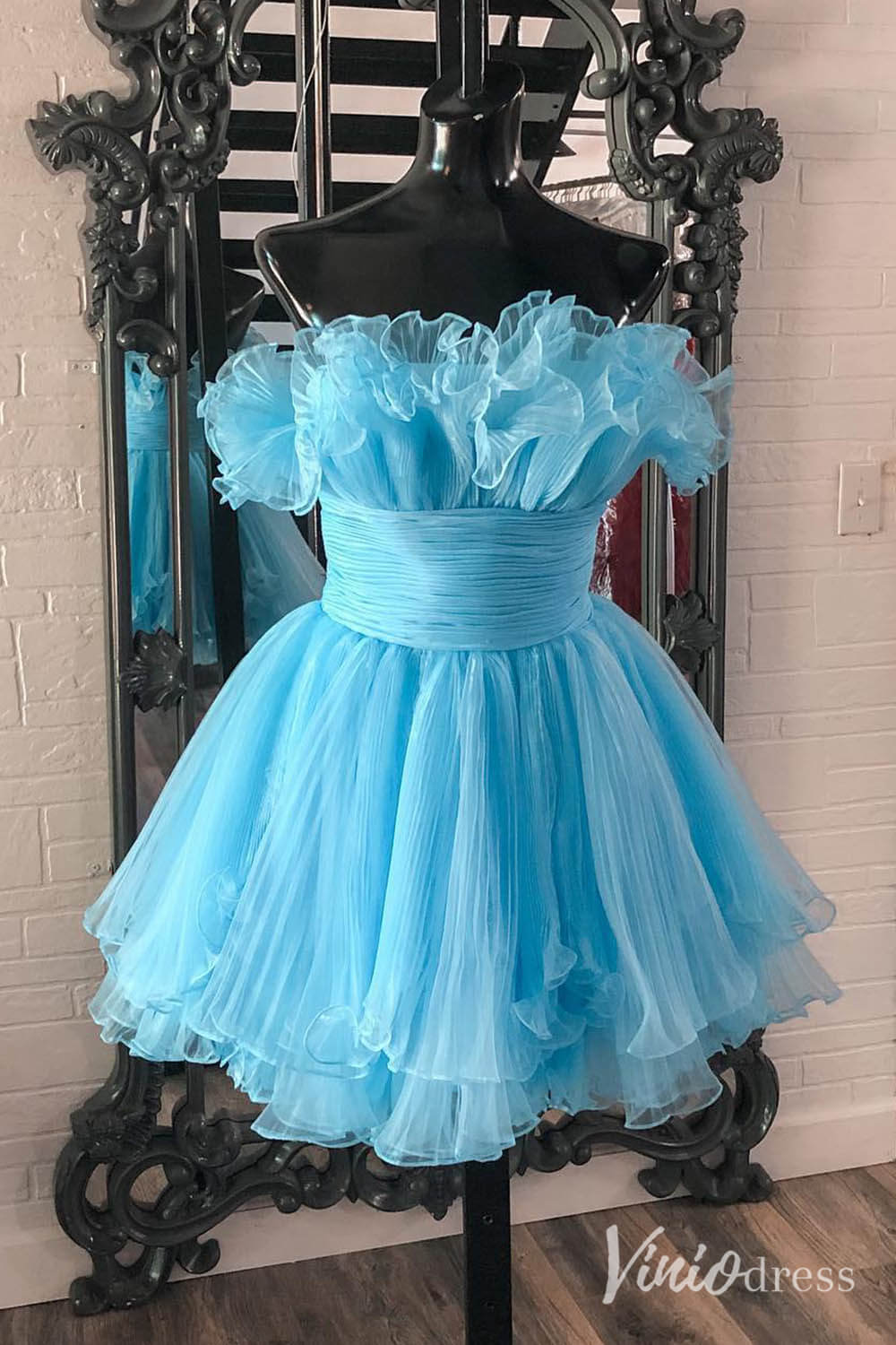 Blue Strapless Ruffled Hoco Dresses Pleated Organza A - Line Short Prom Dress SD1657 - ViniodressHomecoming DressesLight BlueCustom Size - Formal Dresses - Ball Gowns