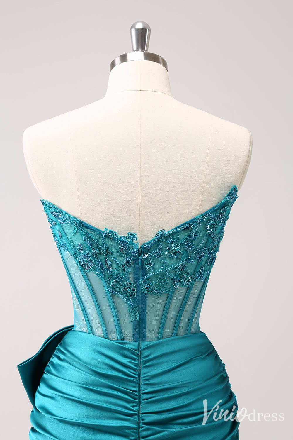 Blue Strapless Satin Bow Homecoming Dresses Sparkly Lace Applique Bodycon Dress S24005-prom dresses 2025 -Viniodress-Blue-Custom Size-