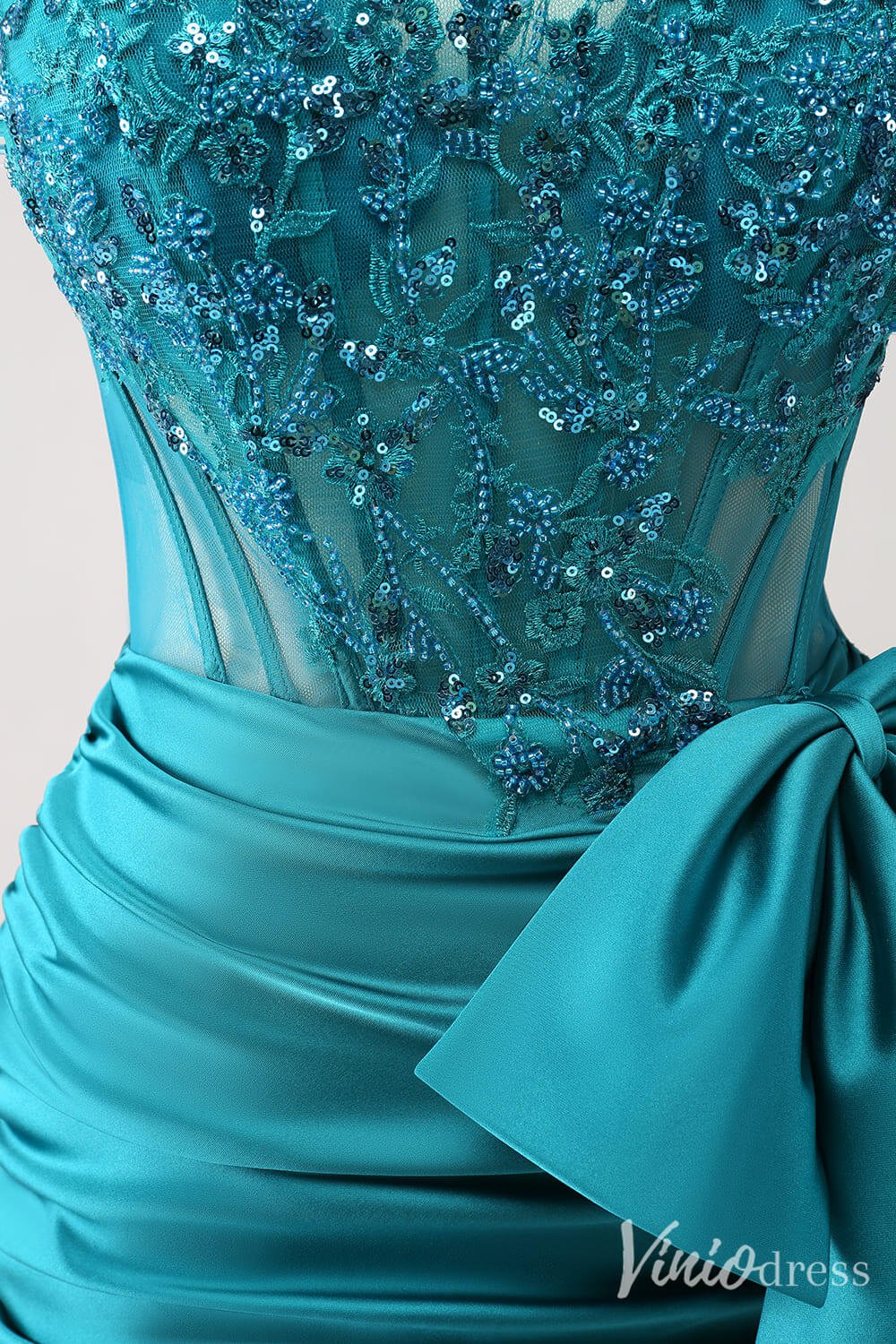 Blue Strapless Satin Bow Homecoming Dresses Sparkly Lace Applique Bodycon Dress S24005-prom dresses 2025 -Viniodress-Blue-Custom Size-