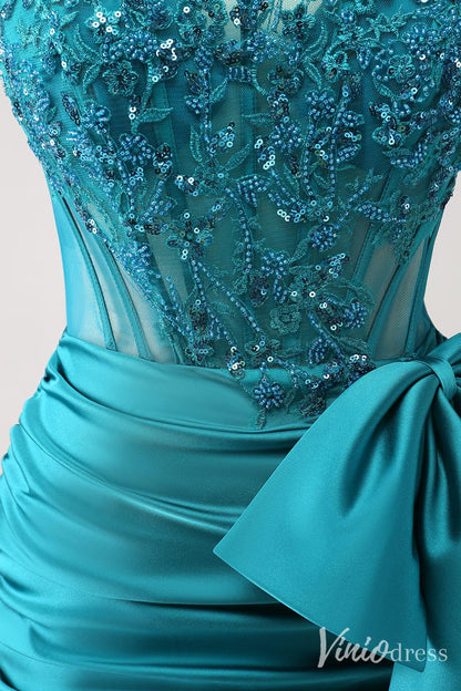 Blue Strapless Satin Bow Homecoming Dresses Sparkly Lace Applique Bodycon Dress S24005-prom dresses 2025 -Viniodress-Blue-Custom Size-