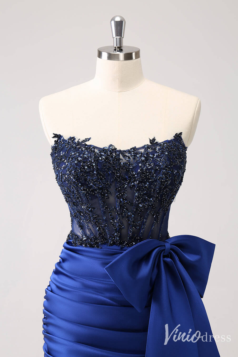 Blue Strapless Satin Bow Homecoming Dresses Sparkly Lace Applique Bodycon Dress S24005-prom dresses 2025 -Viniodress-Blue-Custom Size-