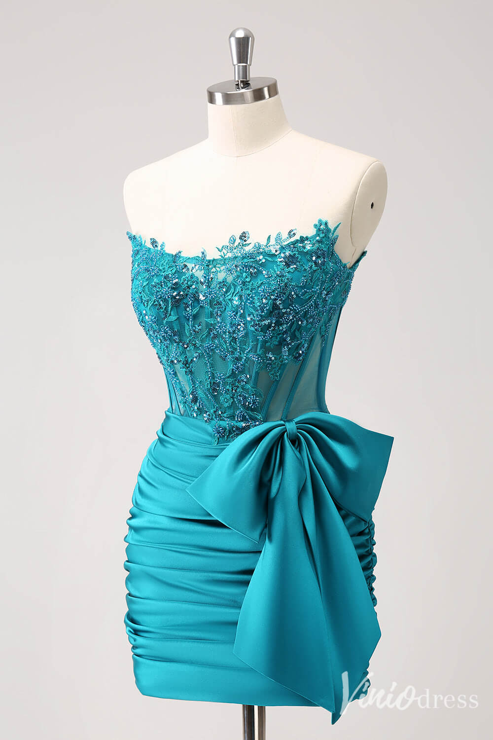 Blue Strapless Satin Bow Homecoming Dresses Sparkly Lace Applique Bodycon Dress S24005-prom dresses 2025 -Viniodress-Blue-Custom Size-