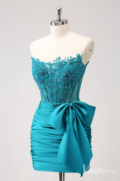 Blue Strapless Satin Bow Homecoming Dresses Sparkly Lace Applique Bodycon Dress S24005-prom dresses 2025 -Viniodress-Blue-Custom Size-