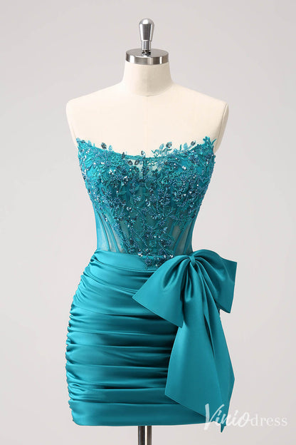 Blue Strapless Satin Bow Homecoming Dresses Sparkly Lace Applique Bodycon Dress S24005-prom dresses 2025 -Viniodress-Turquoise-Custom Size-