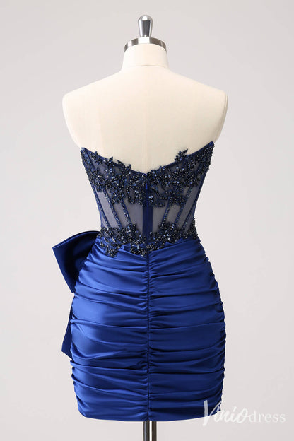 Blue Strapless Satin Bow Homecoming Dresses Sparkly Lace Applique Bodycon Dress S24005-prom dresses 2025 -Viniodress-Blue-Custom Size-