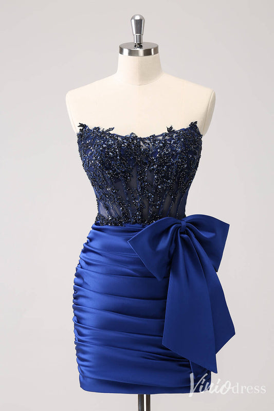 Blue Strapless Satin Bow Homecoming Dresses Sparkly Lace Applique Bodycon Dress S24005-prom dresses 2025 -Viniodress-Blue-Custom Size-