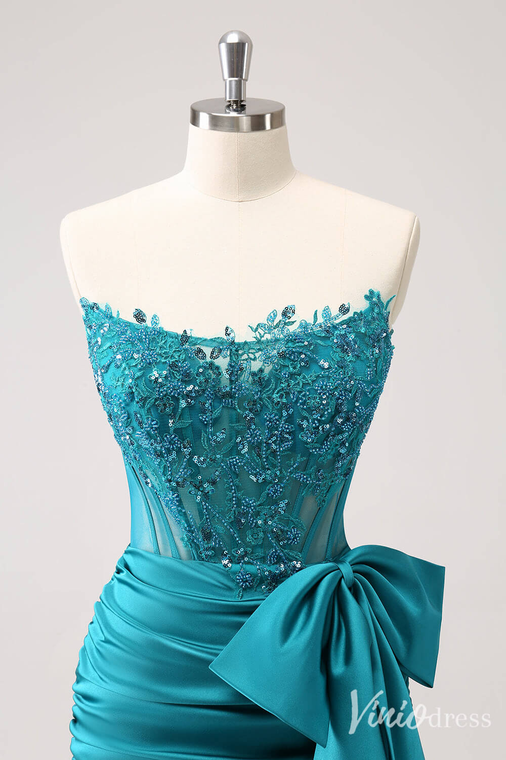 Blue Strapless Satin Bow Homecoming Dresses Sparkly Lace Applique Bodycon Dress S24005-prom dresses-Viniodress-Viniodress