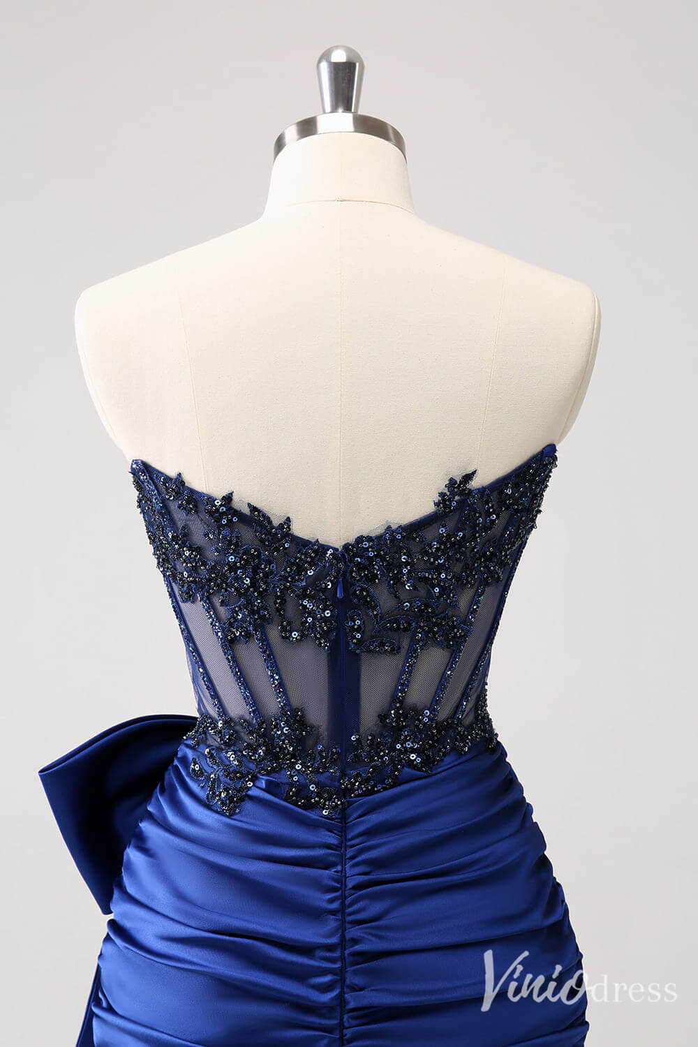 Blue Strapless Satin Bow Homecoming Dresses Sparkly Lace Applique Bodycon Dress S24005-prom dresses-Viniodress-Viniodress