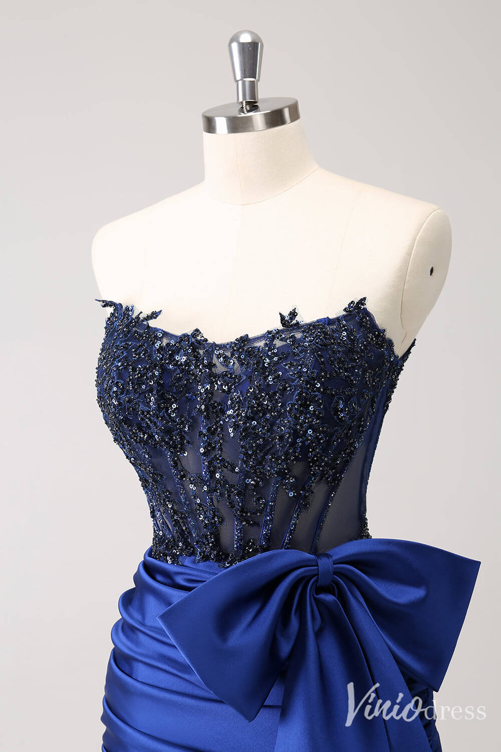 Blue Strapless Satin Bow Homecoming Dresses Sparkly Lace Applique Bodycon Dress S24005-prom dresses-Viniodress-Viniodress