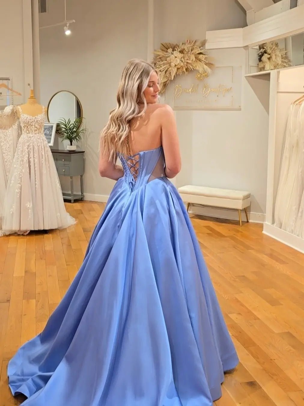 Blue Strapless Satin Prom Dress with Beaded Sweetheart Neck & Sheer Boned Bodice – Style FD5190-prom dresses 2025 -Viniodress-Blue-Custom Size-