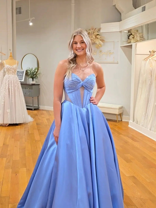 Blue Strapless Satin Prom Dress with Beaded Sweetheart Neck & Sheer Boned Bodice – Style FD5190-prom dresses 2025 -Viniodress-Blue-Custom Size-