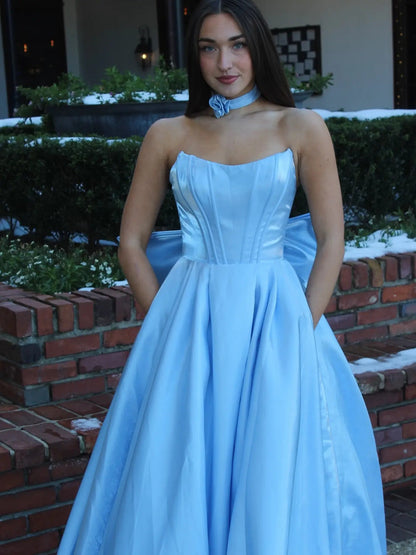 Blue Strapless Satin Prom Dress with Pockets & Bow-Tie – Style FD5192-prom dresses 2025 -Viniodress-Blue-Custom Size-