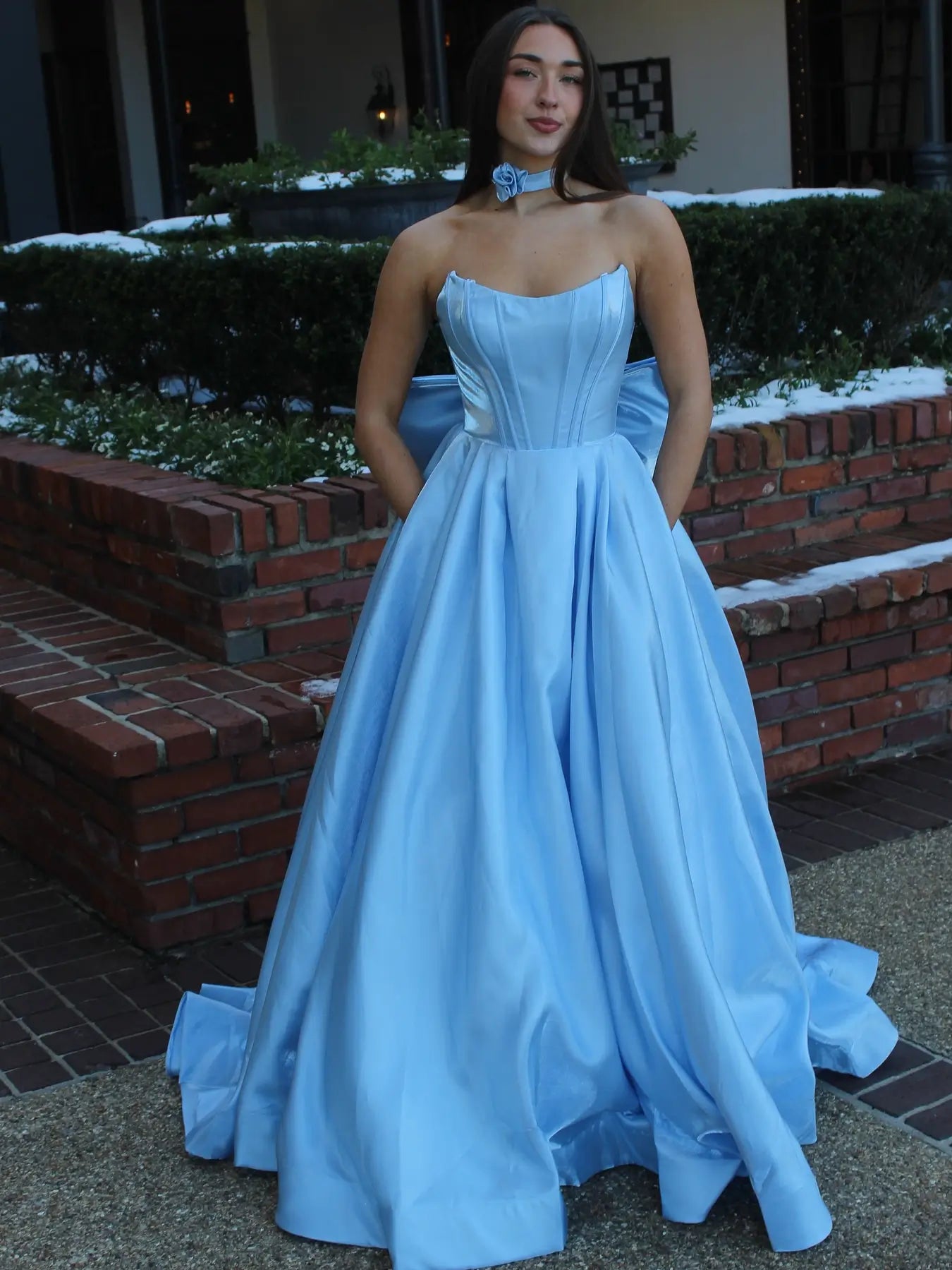 prom dresses 2025 Blue Strapless Satin Prom Dress with Pockets & Bow-Tie – Style FD5192-plus size wedding dresses Viniodress-Blue-Custom Size-