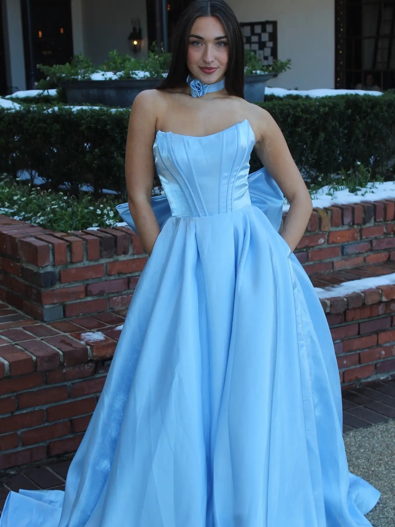 prom dresses 2025 Blue Strapless Satin Prom Dress with Pockets & Bow-Tie – Style FD5192-plus size wedding dresses Viniodress-Blue-Custom Size-