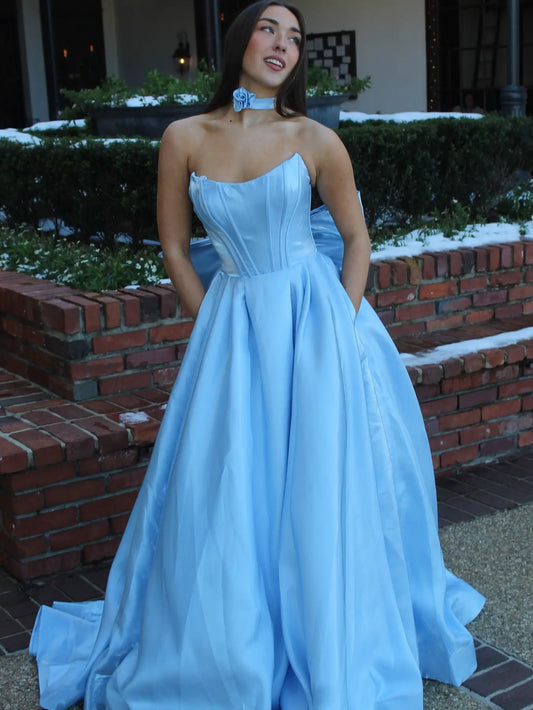 prom dresses 2025 Blue Strapless Satin Prom Dress with Pockets & Bow-Tie – Style FD5192-plus size wedding dresses Viniodress-Blue-Custom Size-