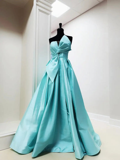 Blue Strapless Satin Prom Dress with Slit & Bow – Style FD5200-prom dresses 2025 -Viniodress-Blue-Custom Size-