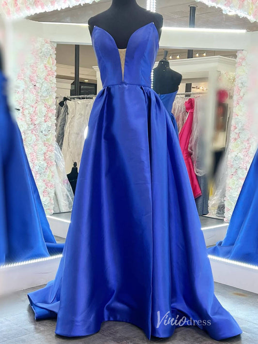 Blue Strapless Satin Prom Dresses Plunging V - Neck Formal Gown FD3982 - Viniodressprom dressesBlueCustom Size - Formal Dresses - Ball Gowns