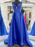 Blue Strapless Satin Prom Dresses Plunging V-Neck Formal Gown FD3982