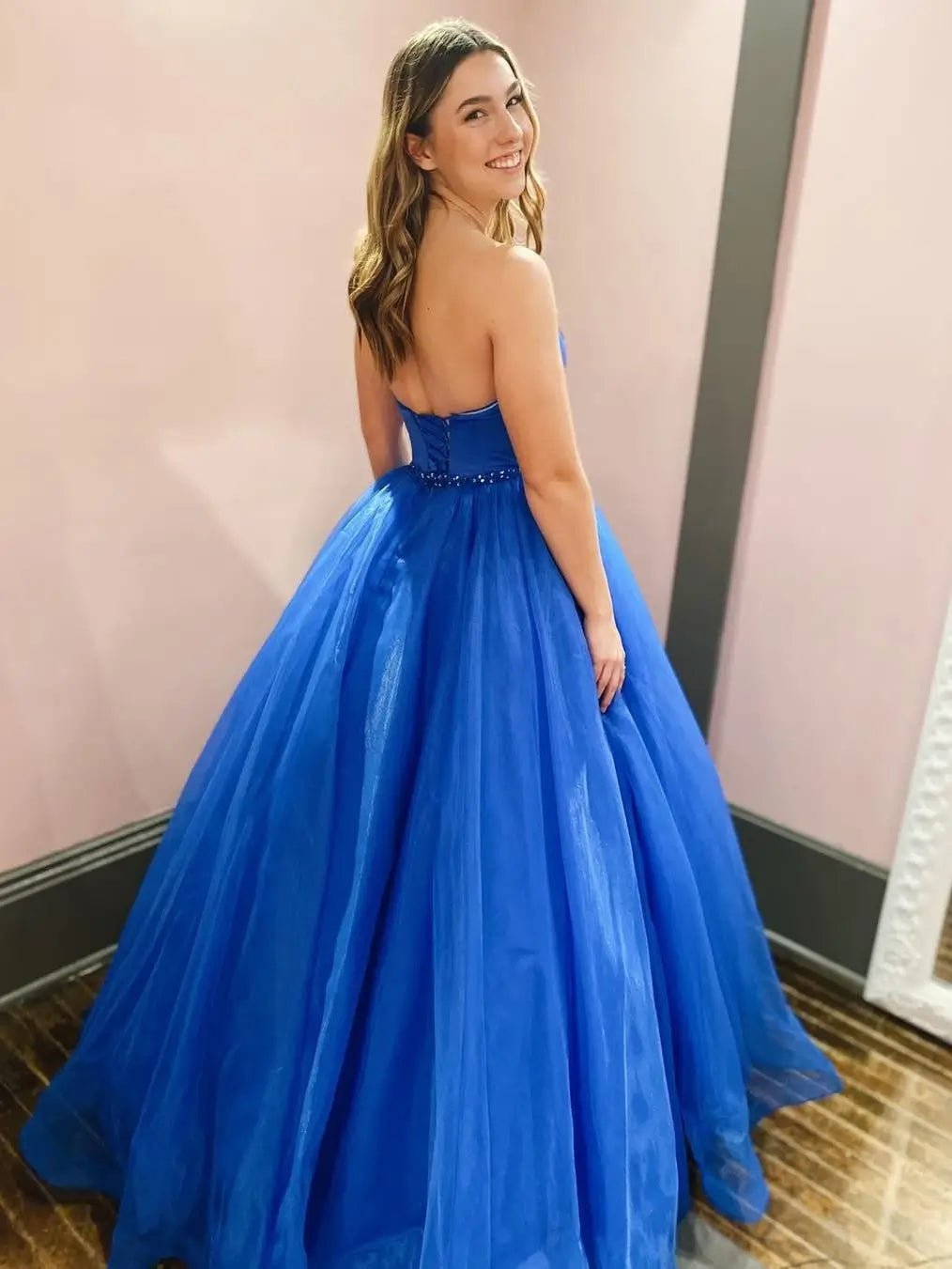 Blue Strapless Sweetheart Prom Dress with Rhinestone Waistline & Pockets - FD6088-prom dresses 2025 -Viniodress-Blue-Custom Size-
