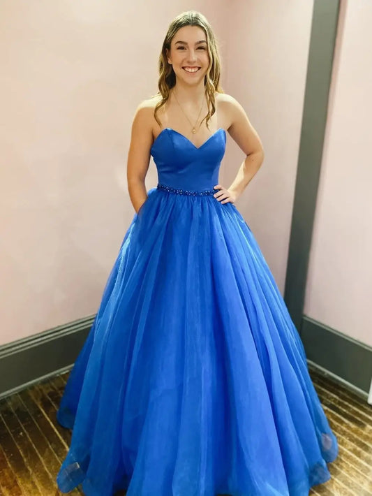 prom dresses 2025 Blue Strapless Sweetheart Prom Dress with Rhinestone Waistline & Pockets - FD6088-plus size wedding dresses Viniodress-Blue-Custom Size-