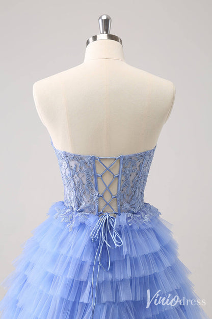 Blue Strapless Tiered Homecoming Dresses Sweetheart Lace Back to School Dress S24015-prom dresses 2025 -Viniodress-Blue-Custom Size-