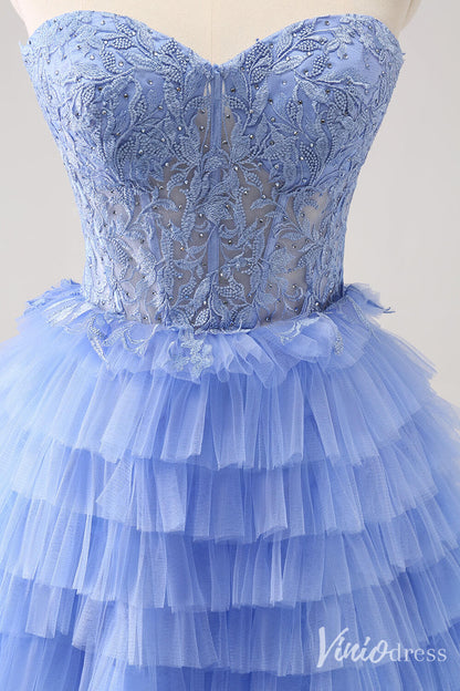Blue Strapless Tiered Homecoming Dresses Sweetheart Lace Back to School Dress S24015-prom dresses 2025 -Viniodress-Blue-Custom Size-
