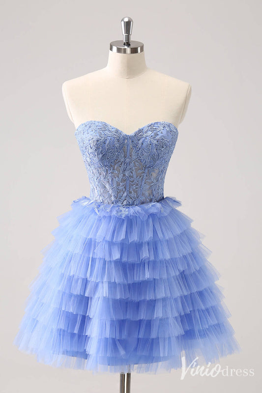 Blue Strapless Tiered Homecoming Dresses Sweetheart Lace Back to School Dress S24015-prom dresses 2025 -Viniodress-Blue-Custom Size-