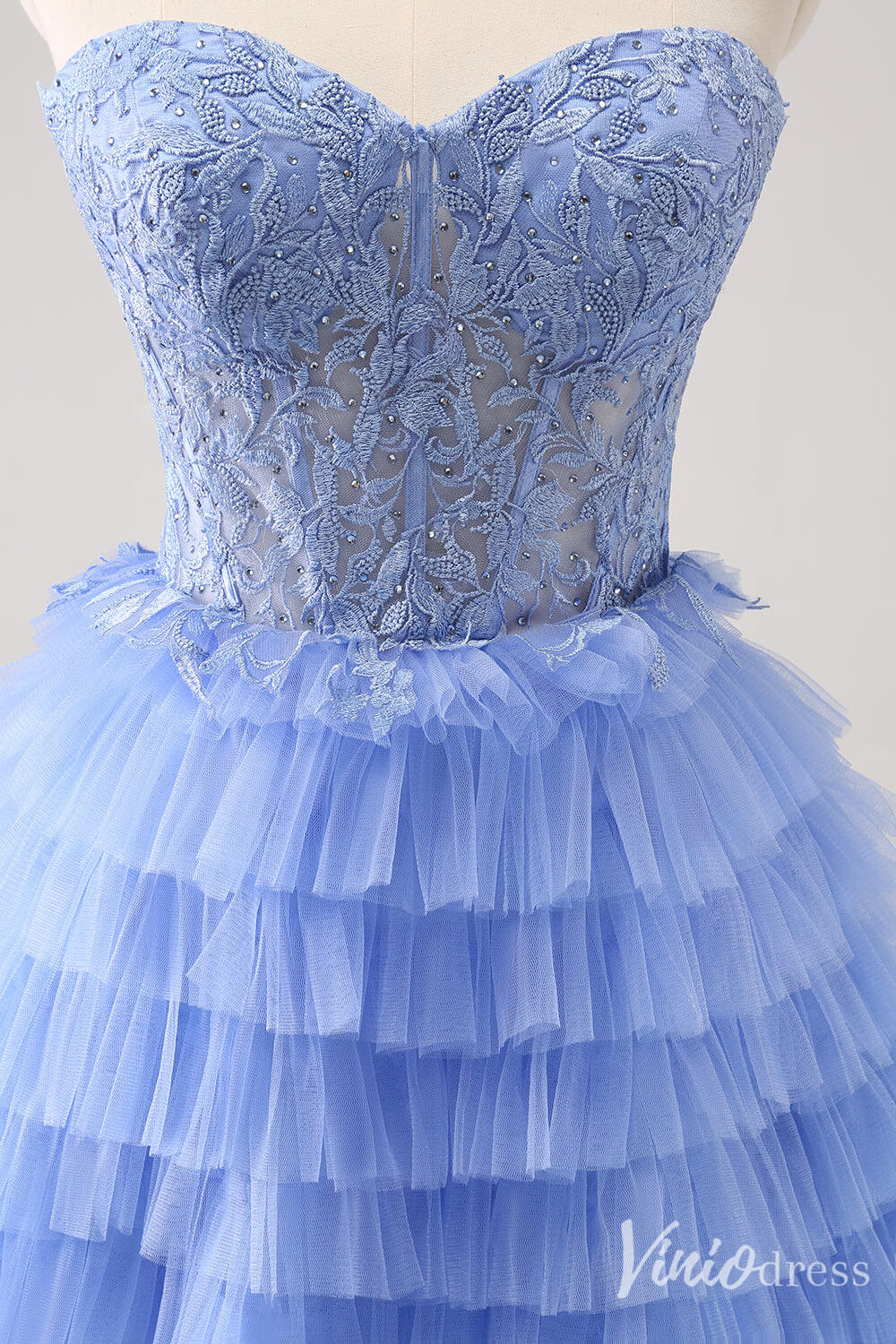 Blue Strapless Tiered Homecoming Dresses Sweetheart Lace Back to School Dress S24015-prom dresses-Viniodress-Viniodress