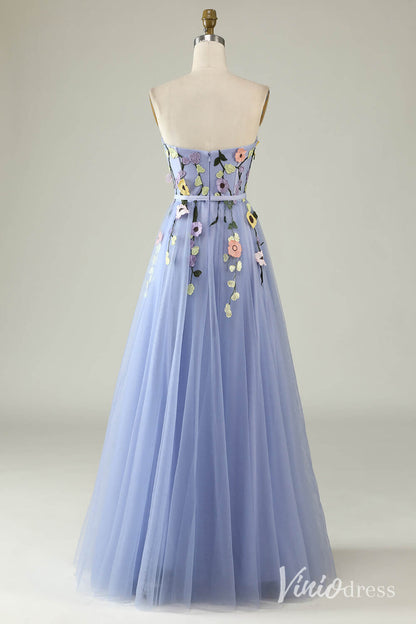 Blue Sweetheart Neck Floral Prom Dresses Strapless Lace Applique Formal Gown AD1101-prom dresses 2025 -Viniodress-Blue-Custom Size-