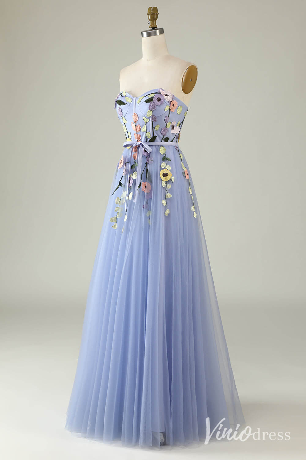 Blue Sweetheart Neck Floral Prom Dresses Strapless Lace Applique Formal Gown AD1101-prom dresses 2025 -Viniodress-Blue-Custom Size-