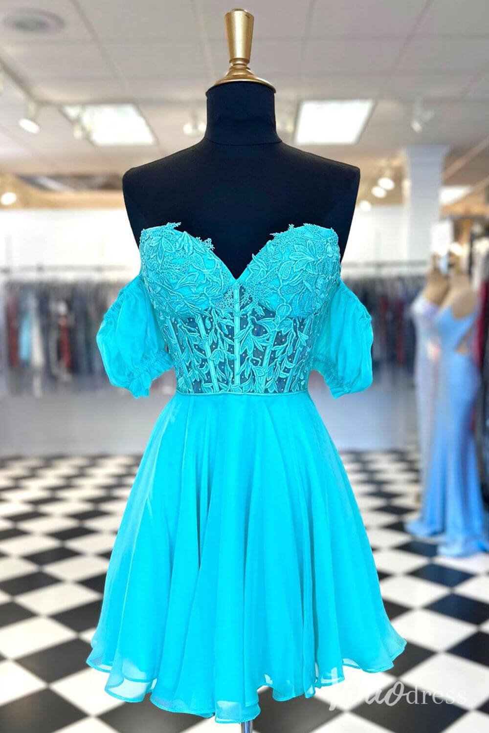 Blue Sweetheart Puffed Sleeve Homecoming Dresses Lace Applique Back to School Dress SD1680-Homecoming Dresses 2025 -Viniodress-Aqua-Custom Size-