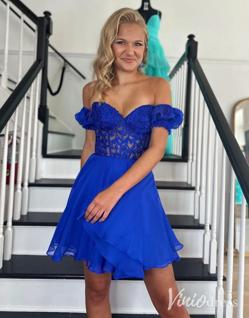Blue Sweetheart Puffed Sleeve Homecoming Dresses Lace Applique Back to School Dress SD1680-Homecoming Dresses 2025 -Viniodress-Blue-Custom Size-
