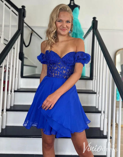 Blue Sweetheart Puffed Sleeve Homecoming Dresses Lace Applique Back to School Dress SD1680-Homecoming Dresses 2025 -Viniodress-Blue-Custom Size-