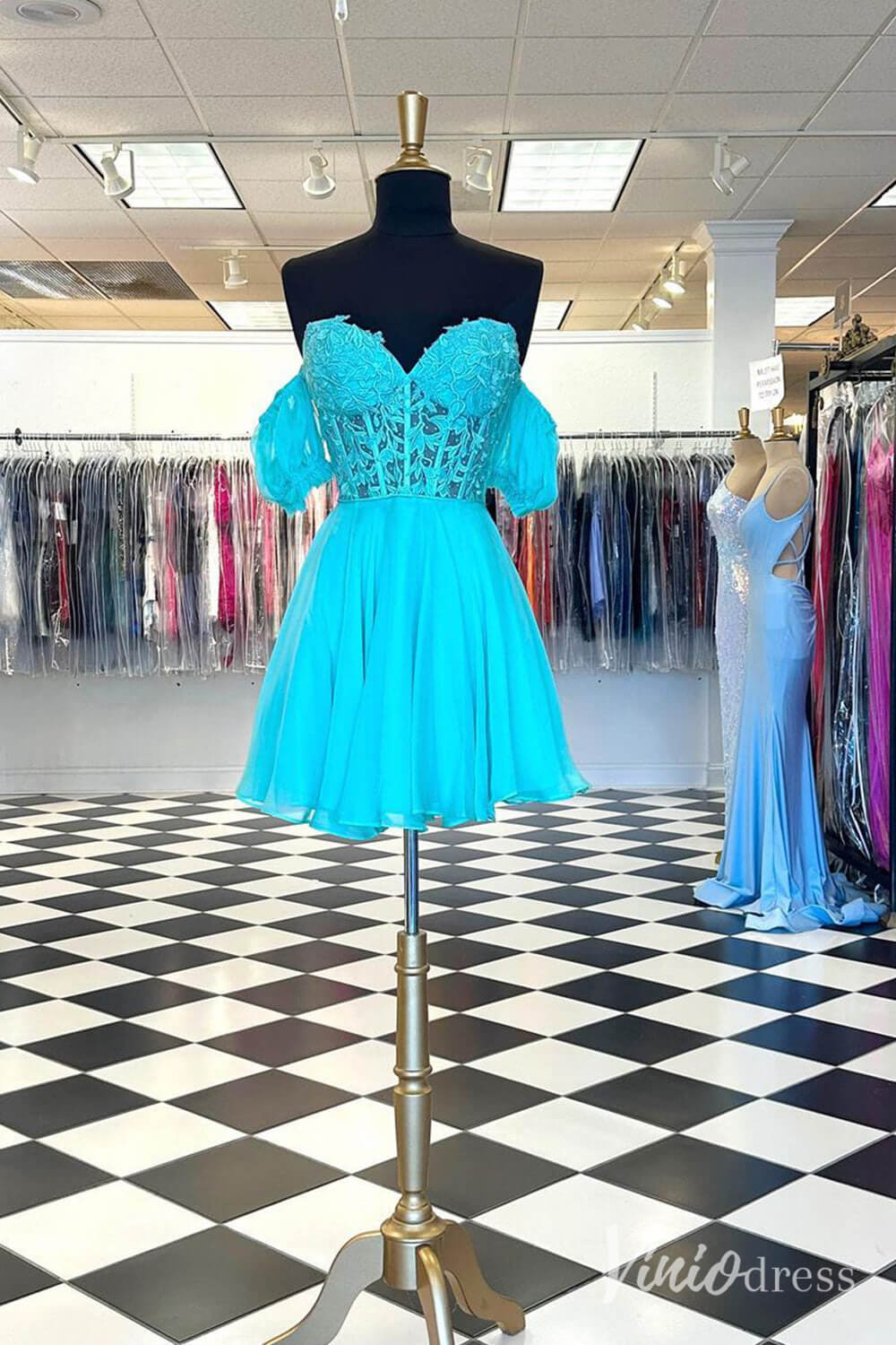 Blue Sweetheart Puffed Sleeve Homecoming Dresses Lace Applique Back to School Dress SD1680-Homecoming Dresses 2025 -Viniodress-Blue-Custom Size-