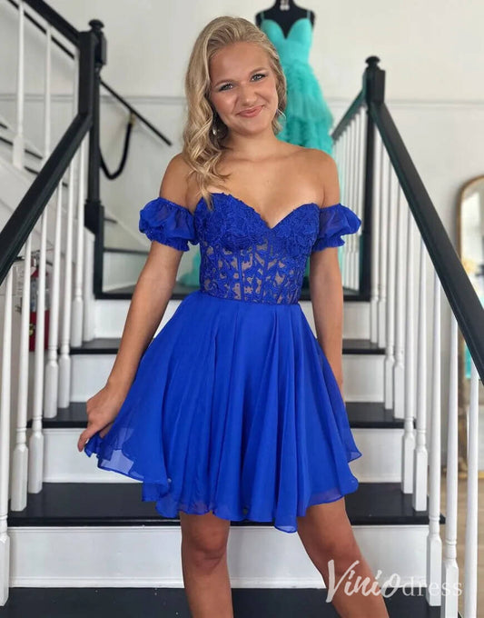 Blue Sweetheart Puffed Sleeve Homecoming Dresses Lace Applique Back to School Dress SD1680-Homecoming Dresses 2025 -Viniodress-Blue-Custom Size-