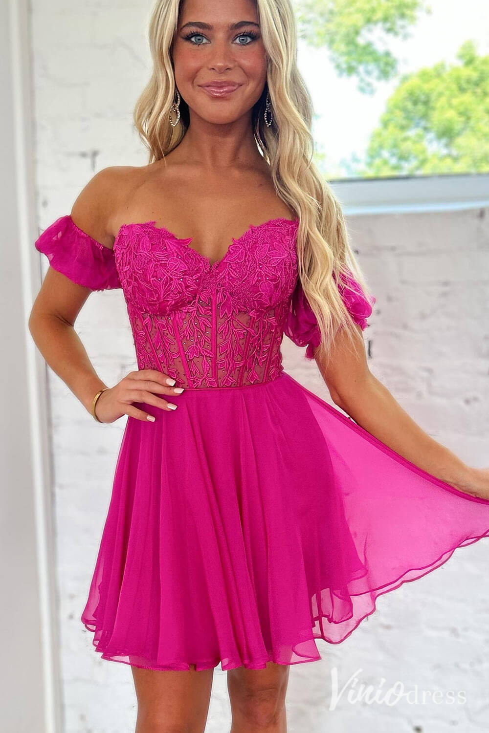 Blue Sweetheart Puffed Sleeve Homecoming Dresses Lace Applique Back to School Dress SD1680-Homecoming Dresses 2025 -Viniodress-Fuchsia-Custom Size-