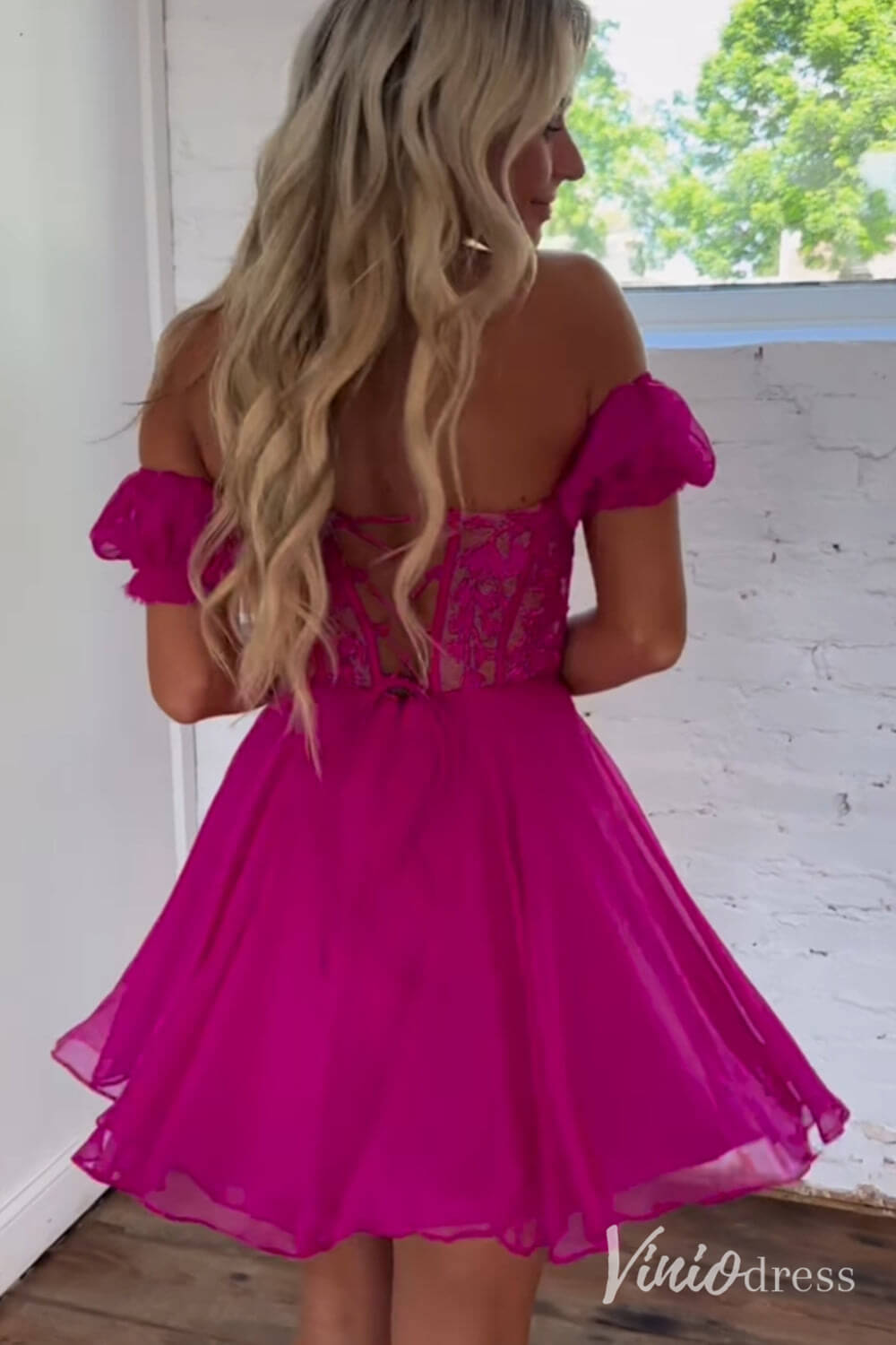 Blue Sweetheart Puffed Sleeve Homecoming Dresses Lace Applique Back to School Dress SD1680-Homecoming Dresses 2025 -Viniodress-Blue-Custom Size-