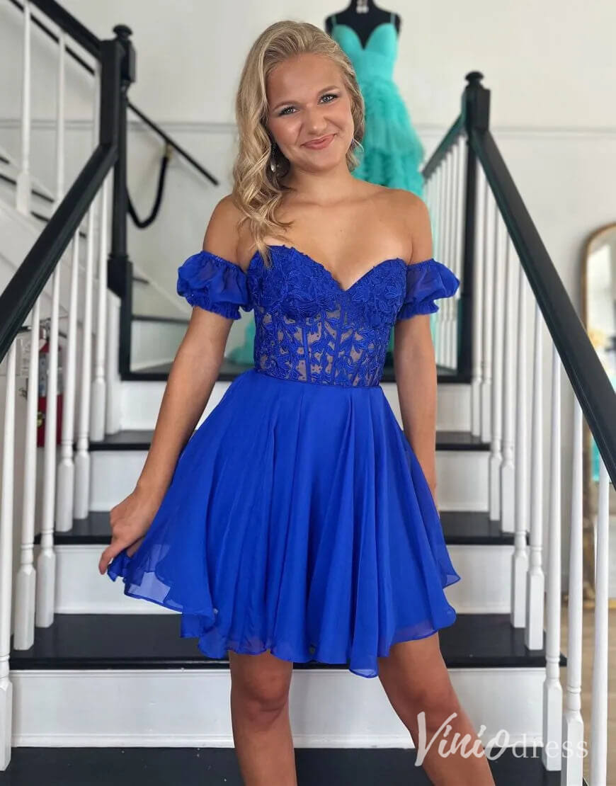 Blue Sweetheart Puffed Sleeve Homecoming Dresses Lace Applique Back to School Dress SD1680-Homecoming Dresses-Viniodress-Blue-Custom Size-Viniodress