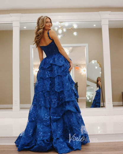 Blue Tiered Lace Prom Dresses with Slit and Straps FD3636B-prom dresses 2025 -Viniodress-Blue-Custom Size-