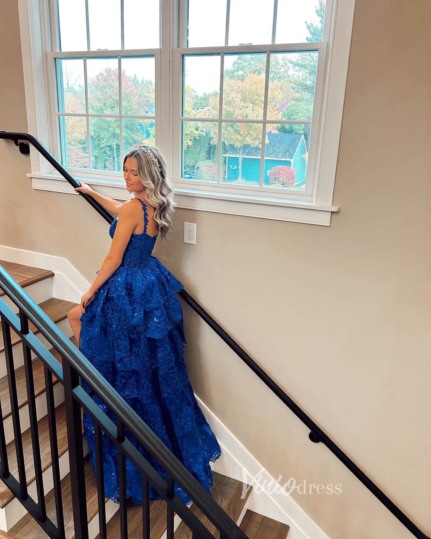 Blue Tiered Lace Prom Dresses with Slit and Straps FD3636B – Viniodress