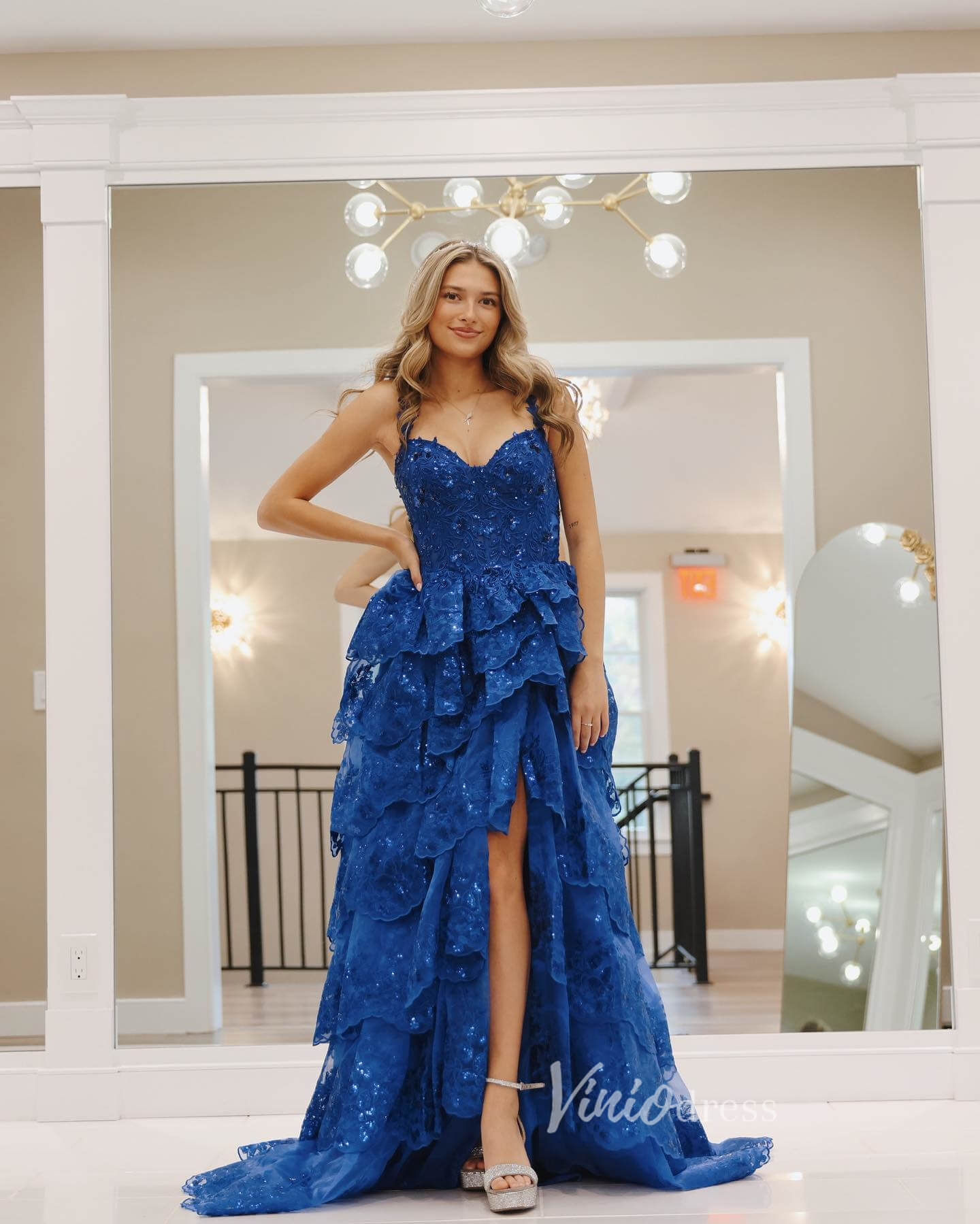 Blue Tiered Lace Prom Dresses with Slit and Straps FD3636B - Viniodressprom dressesBlueCustom Size - Formal Dresses - Ball Gowns