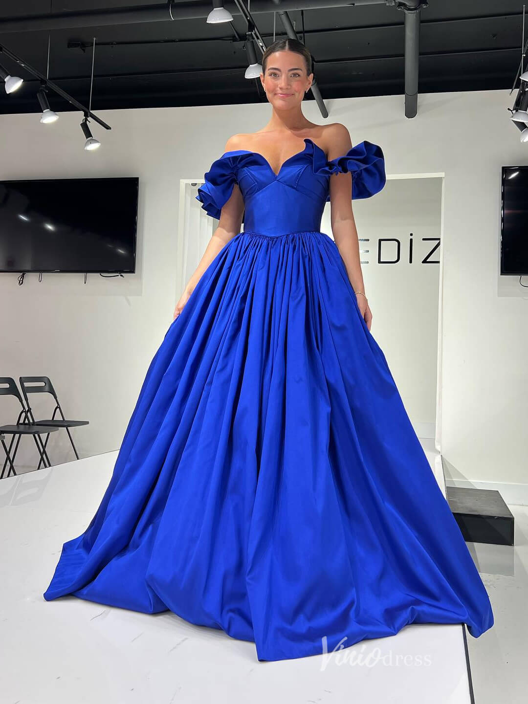 Blue Tiered Off the Shoulder Prom Dresses Satin Formal Gown FD4029 - Viniodressprom dressesBlueCustom Size - Formal Dresses - Ball Gowns