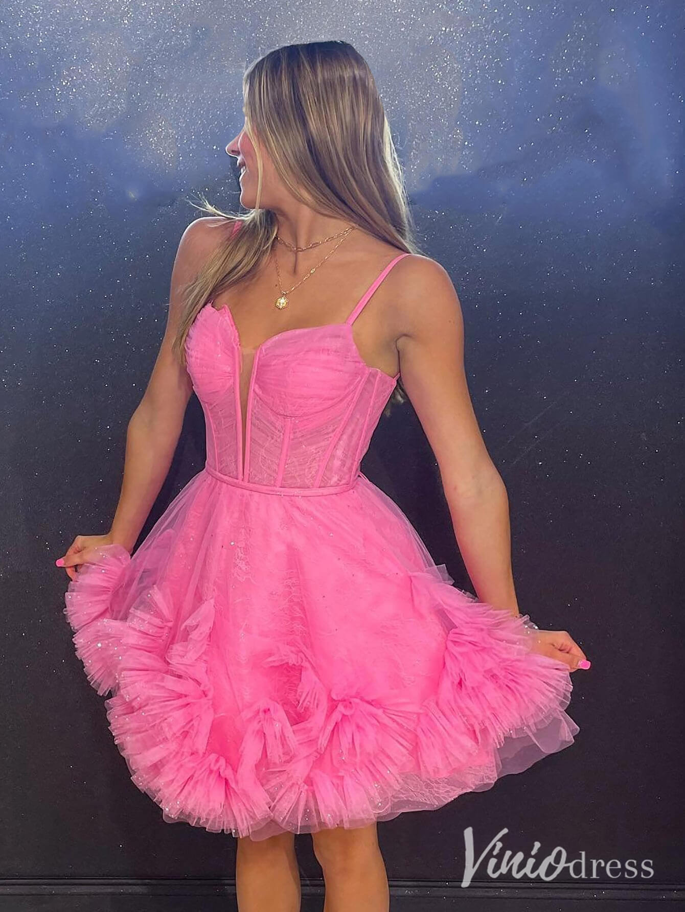 Blue Tiered Ruffle Homecoming Dresses Spaghetti Strap Back to School Dress SD1687-Homecoming Dresses 2025 -Viniodress-Blue-Custom Size-