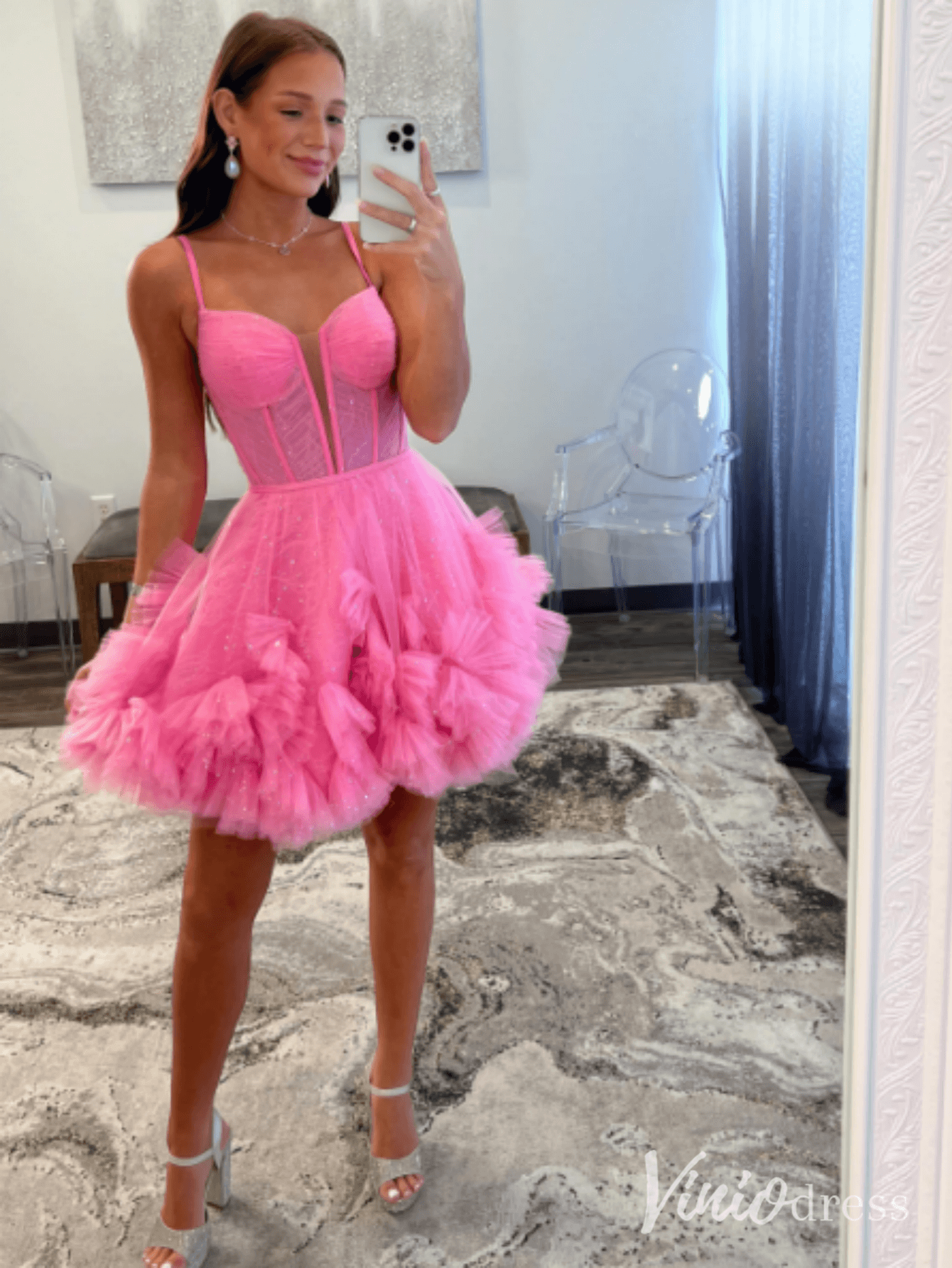 Blue Tiered Ruffle Homecoming Dresses Spaghetti Strap Back to School Dress SD1687-Homecoming Dresses 2025 -Viniodress-Pink-Custom Size-