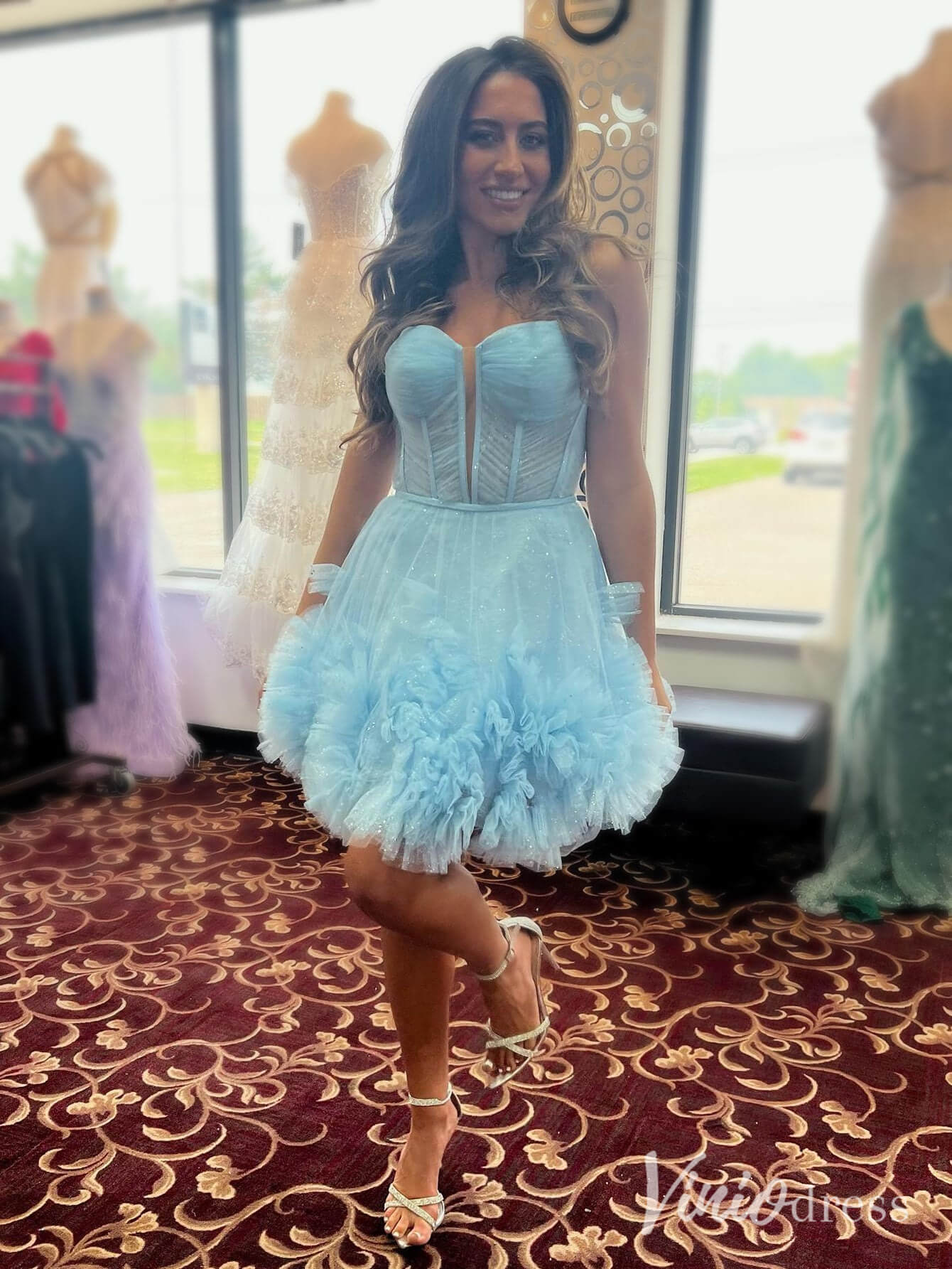 Blue Tiered Ruffle Homecoming Dresses Spaghetti Strap Back to School Dress SD1687-Homecoming Dresses-Viniodress-Viniodress